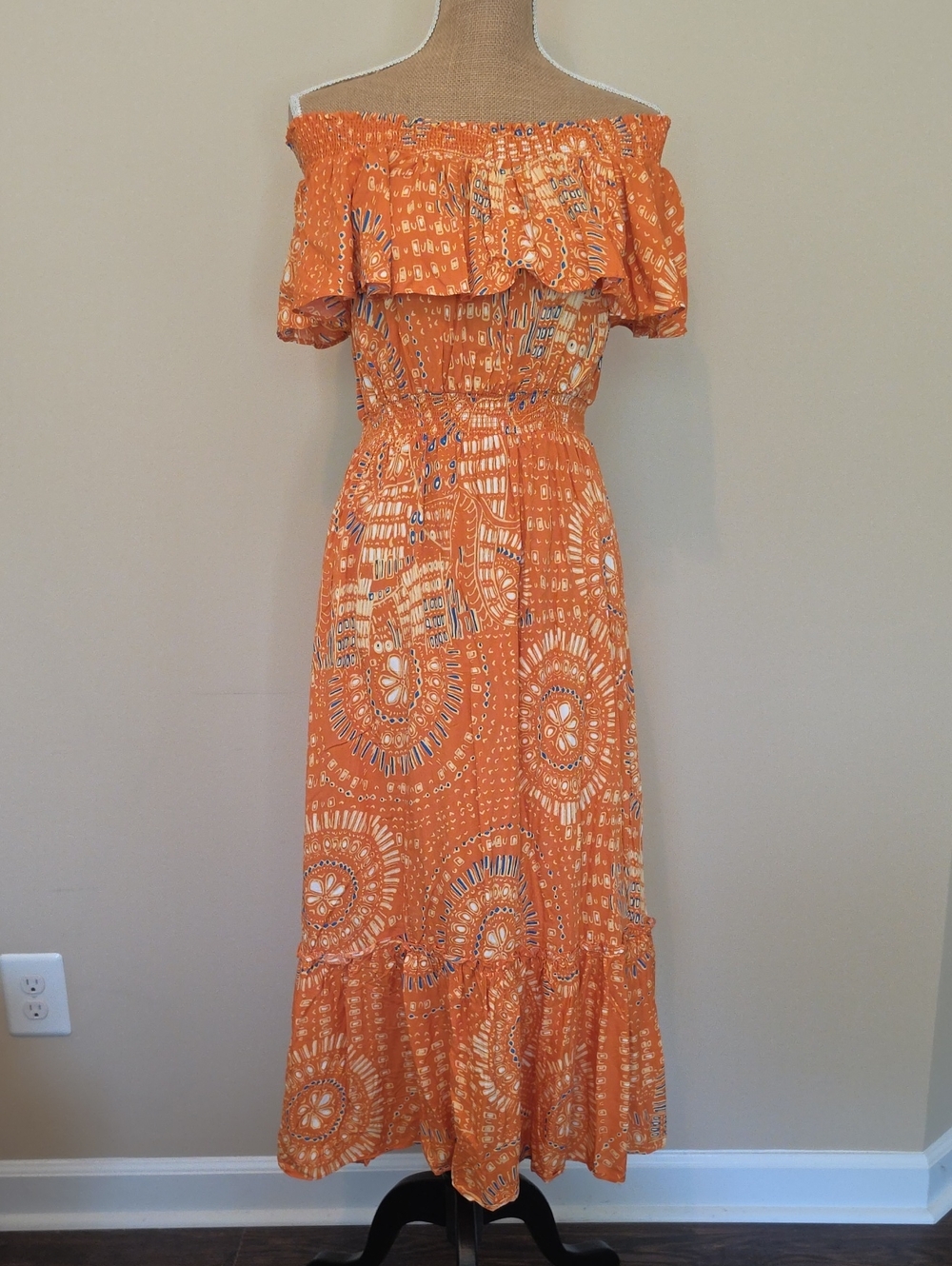 Off-Shoulder Orange Print Maxi Dress with Ruffle